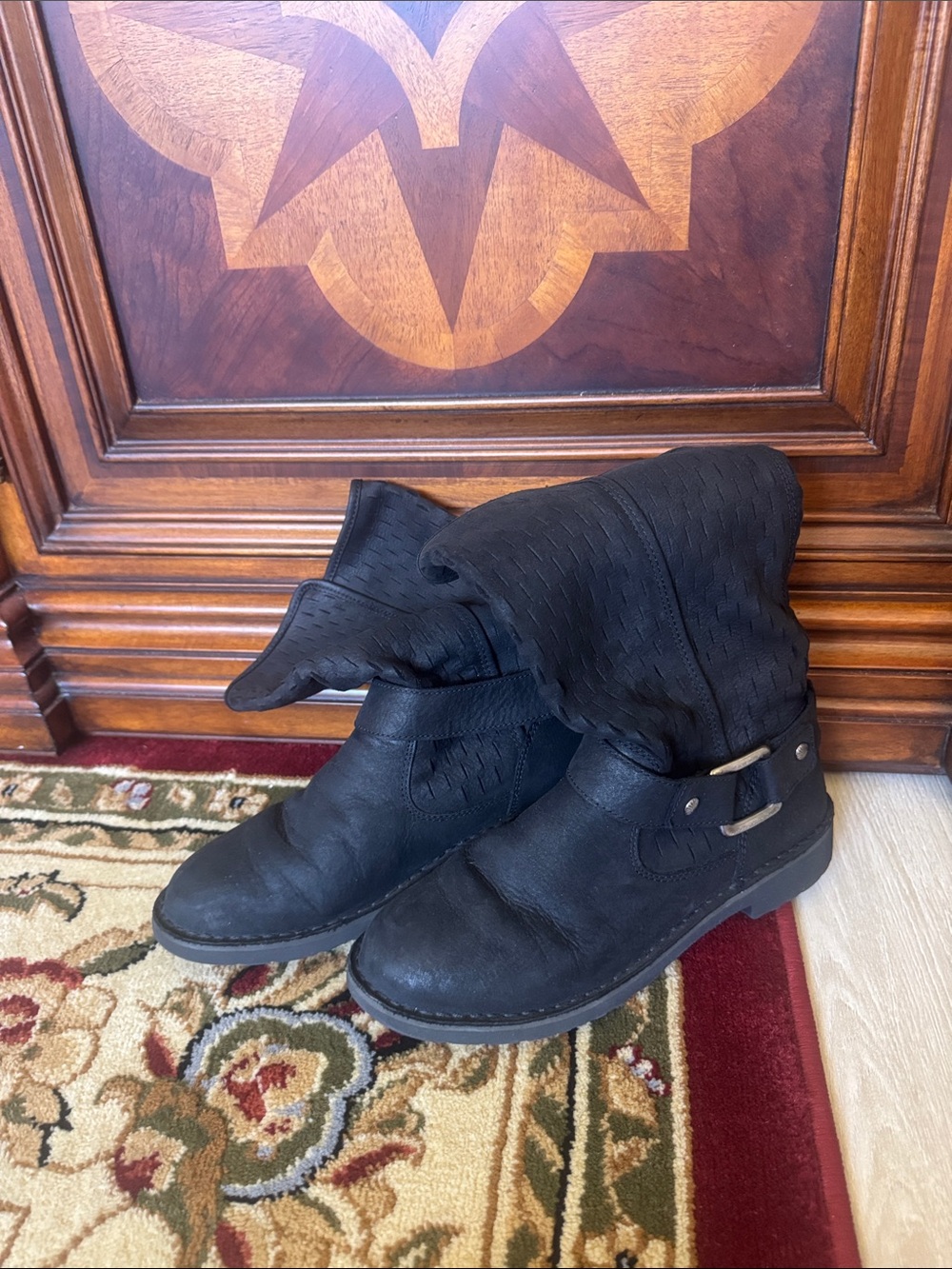 UGG Black Fold-Over Ankle Boots with Buckle Accent